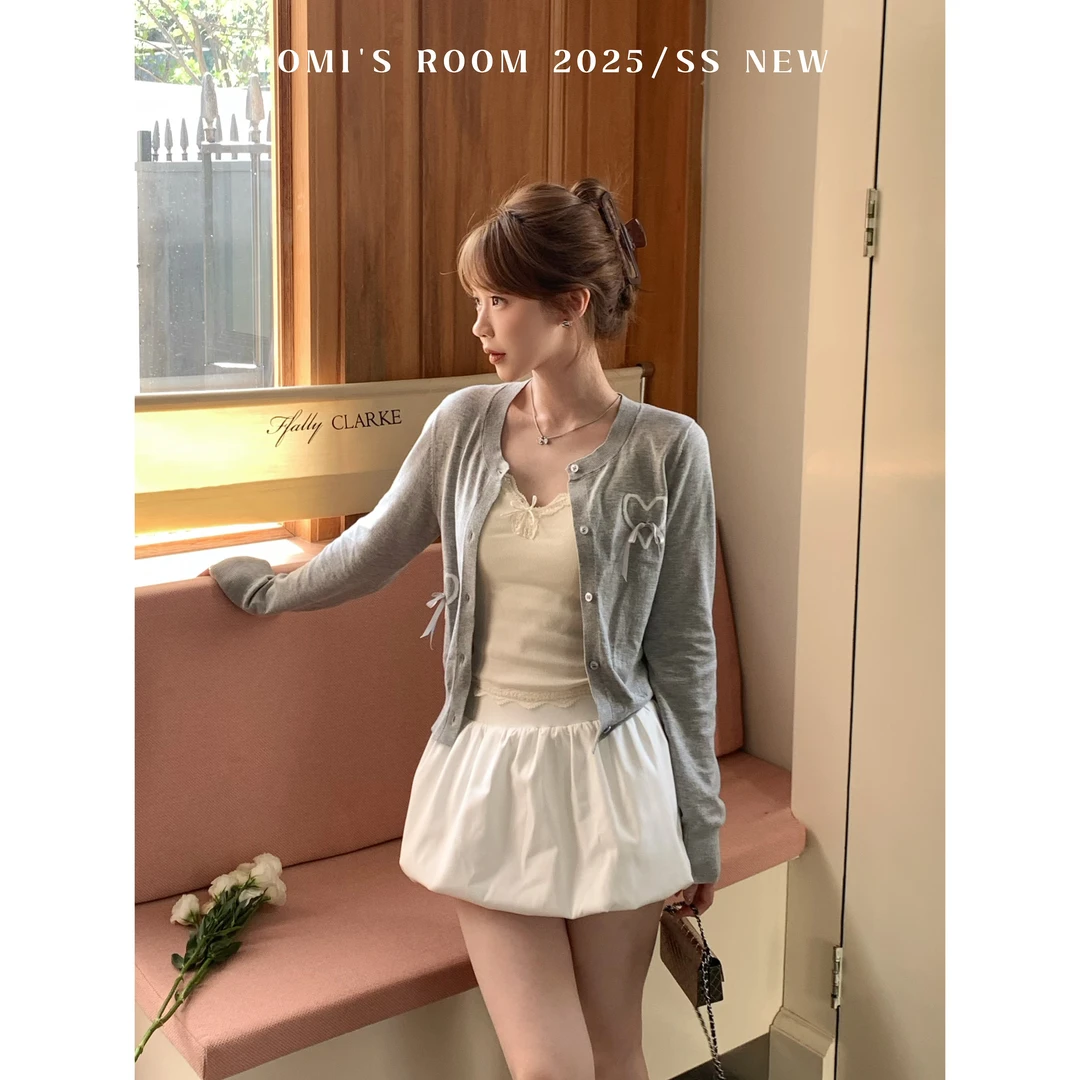 YOMI小个子定制【MIU系千金】灰色简约韩式毛针织衫显瘦显白休闲