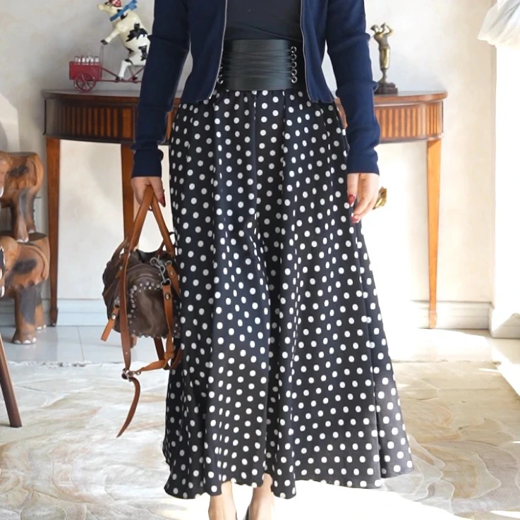 松紧腰波点银丝线雨恋半裙法式复古柔光缎感高腰裙