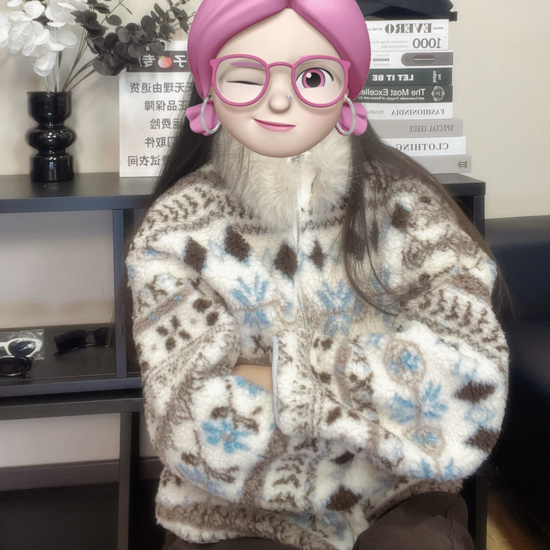 26新款复古费尔岛风兔毛领加厚羊羔毛长袖外套女冬季保暖棉袄