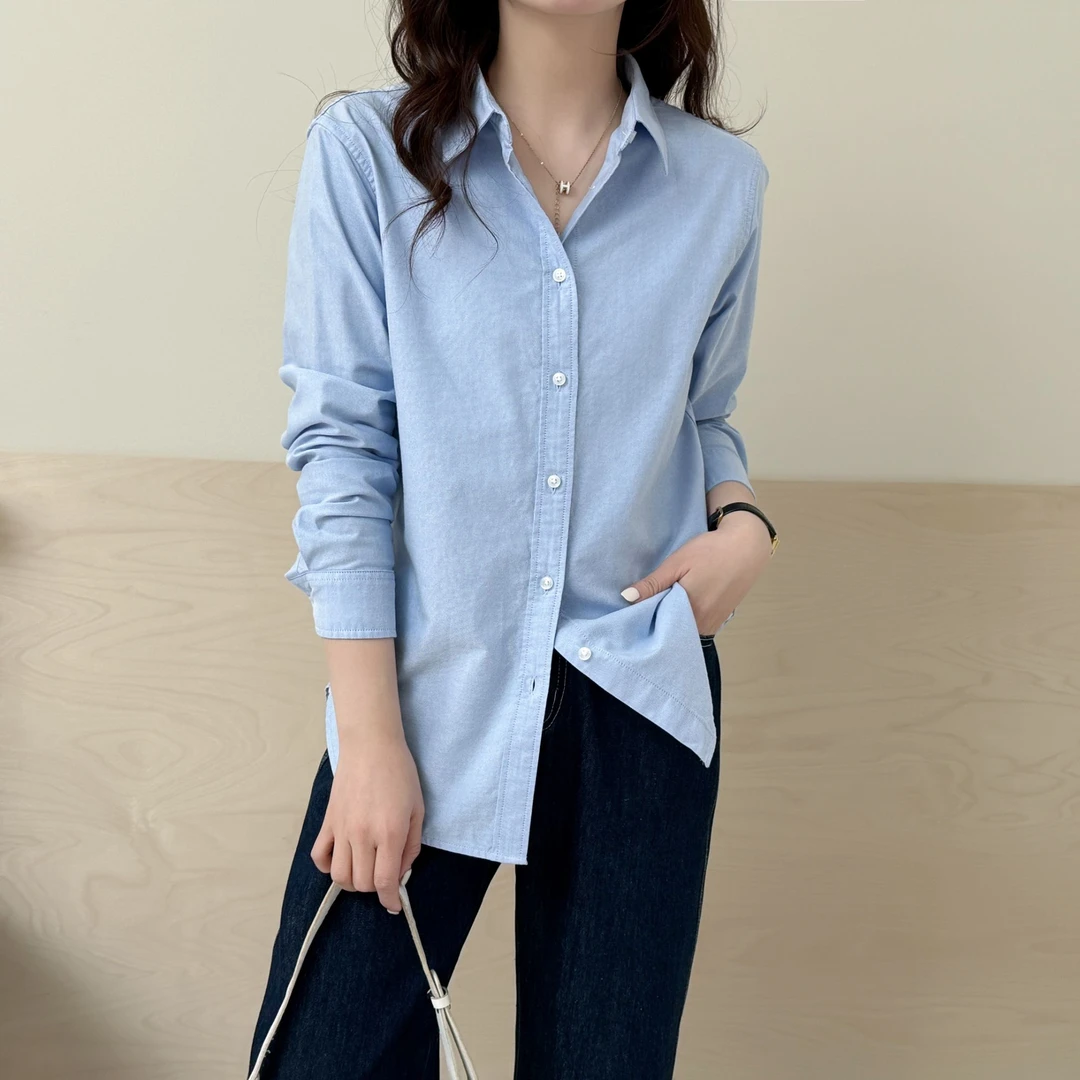 纯棉白色衬衫女上衣春季新款宽松休闲百搭打底纯色长袖衬衣女款