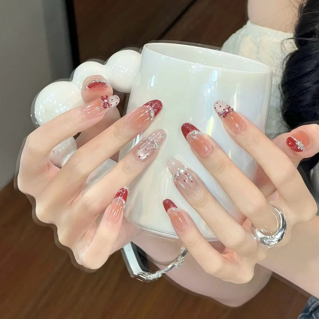 手工冰透显白穿戴甲爆款酒红色法式波点猫眼蝴蝶结轻奢美甲短款