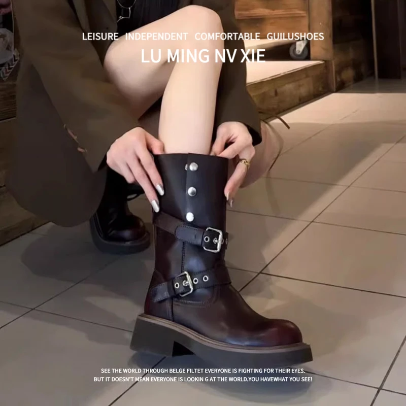 羊皮版~2025新款复古粗跟厚底马丁靴女英伦风显瘦增高中筒骑士靴