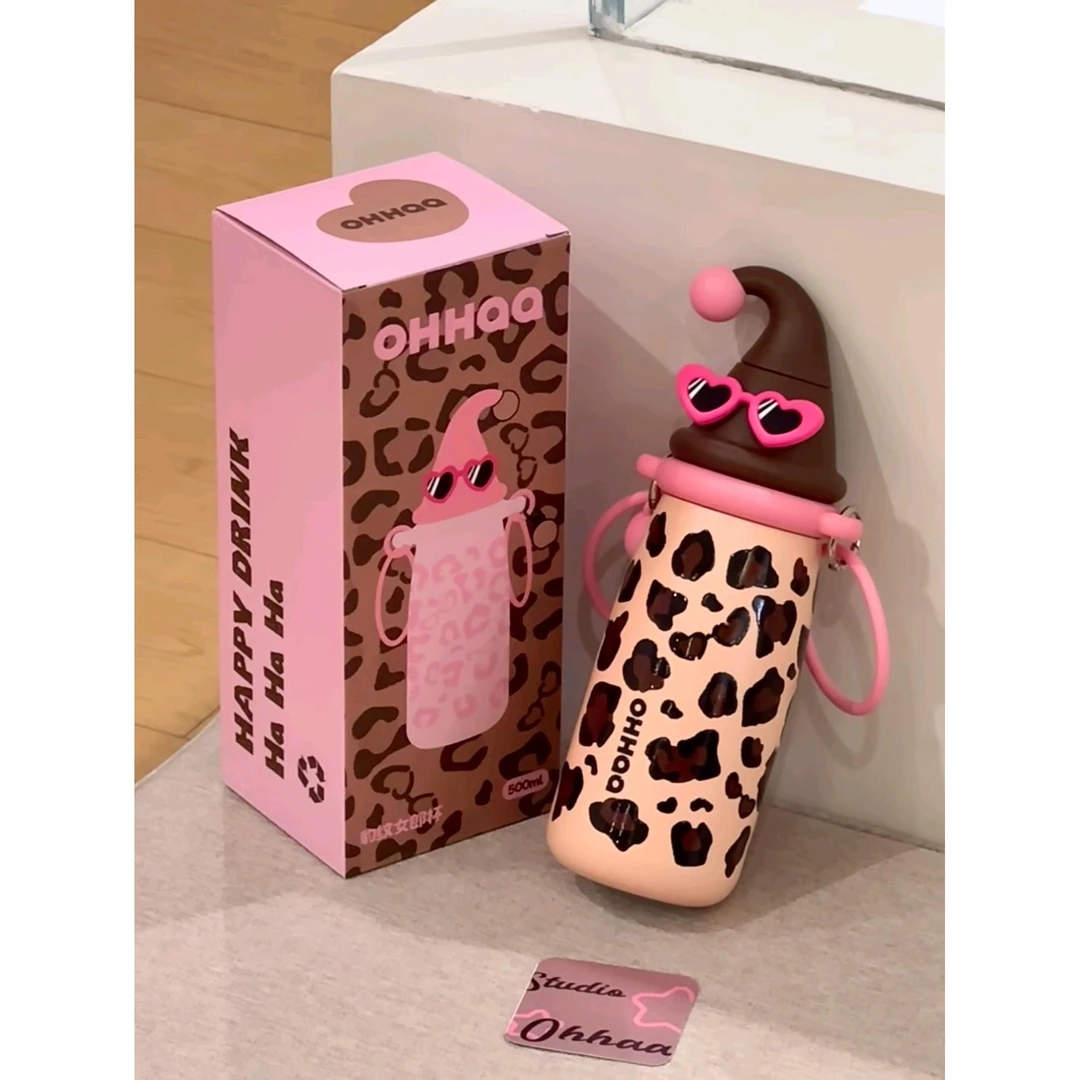 OHHAA保温杯吸管水杯豹纹女生个性斜跨随行高颜值小巧便携水杯子