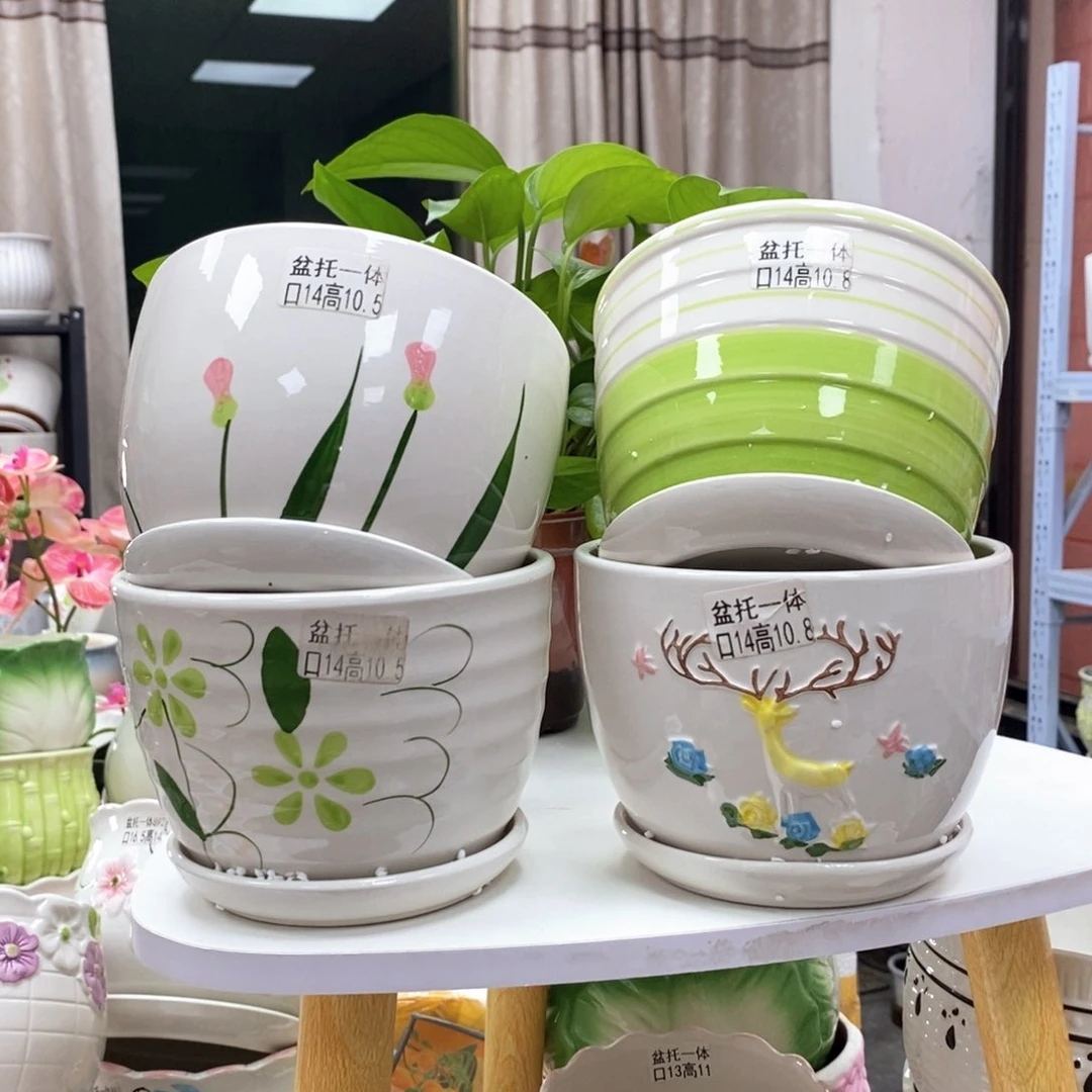 @陶瓷花盆@@四个手绘