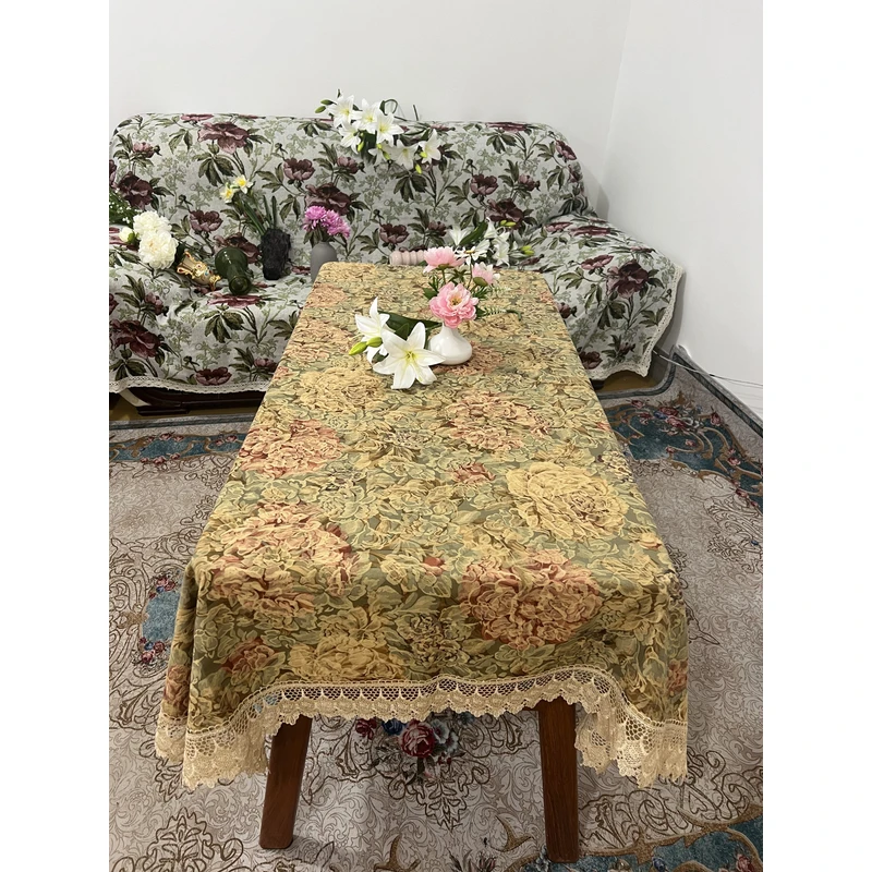 ZN039A-8棉麻【130*180】贡缎水溶边复古灰绿色大朵牡丹桌布茶几布