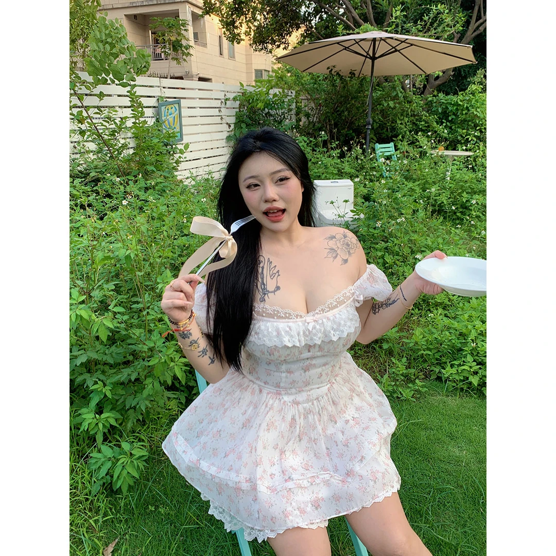 欣甜 辣妹连衣裙微胖女装碎花泡泡袖短裙法式收腰显瘦裙子20940