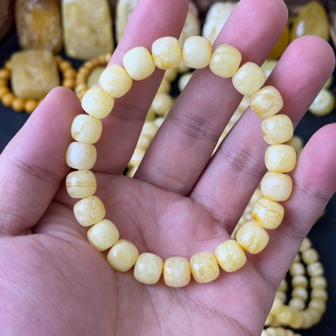 琥珀未镶嵌手串9+俄料虎皮妖白花精工老型手串（微瑕）