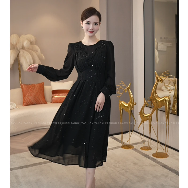 现货2026年新款【Q24-Q770】气质小众黑色亮片设计收腰礼服连衣裙