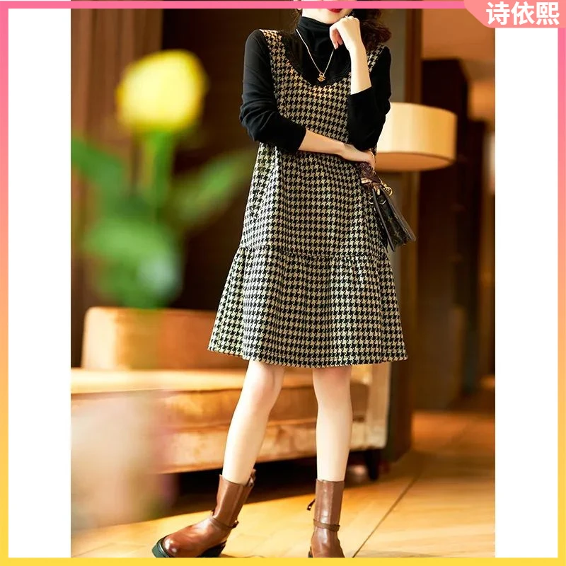 12025年春季新款韩版连衣裙时尚宽松显瘦假两件撞色拼接l