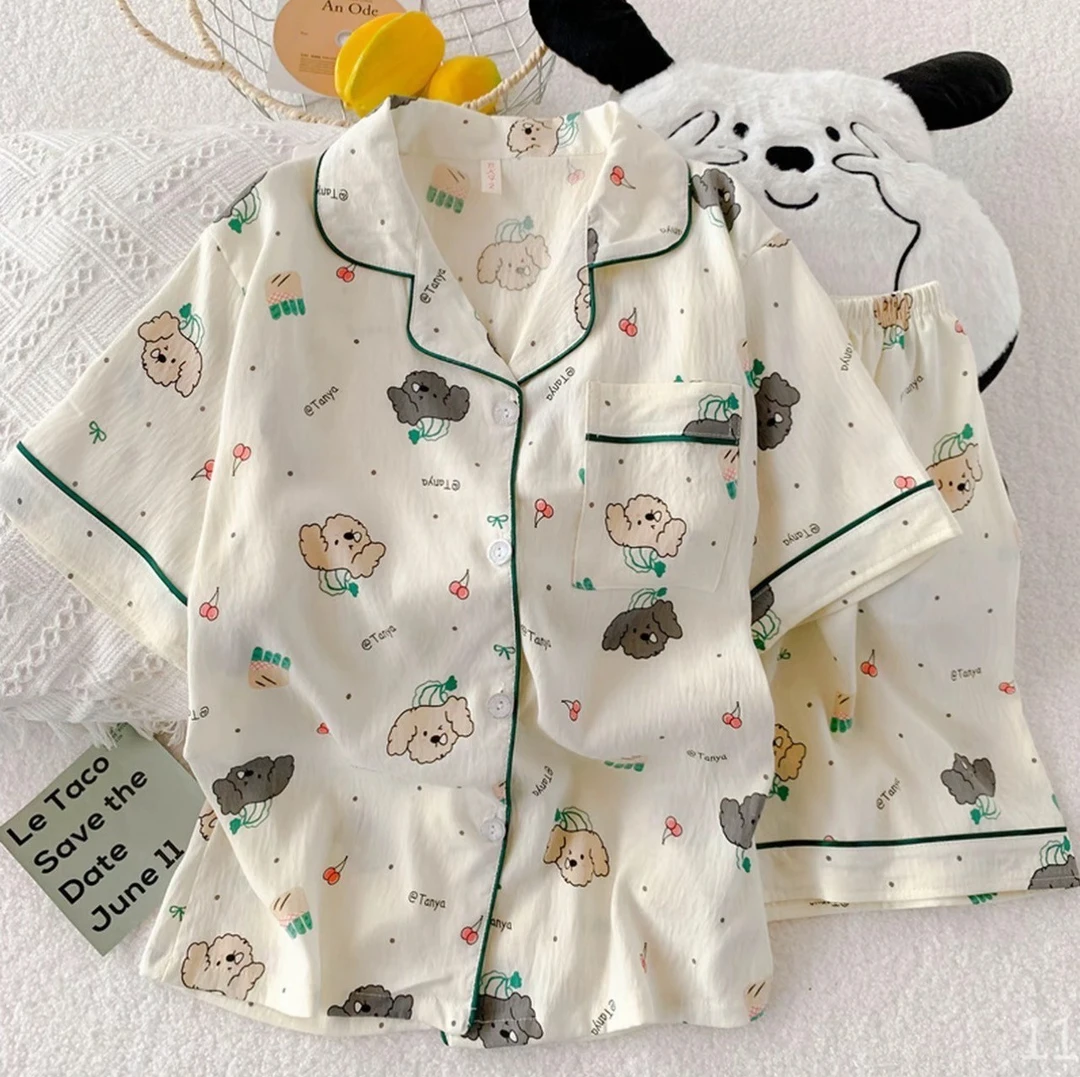 2025年新款云朵绵夏季开衫短袖可爱卡通睡衣少女家居服舒适套装