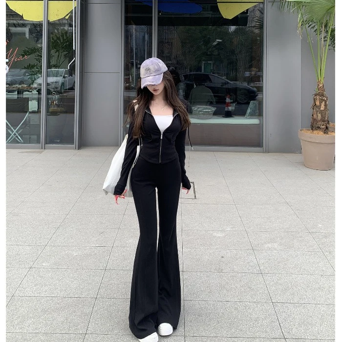 休闲运动套装气质修身连帽长袖卫衣外套女春季微喇叭直筒裤两件套