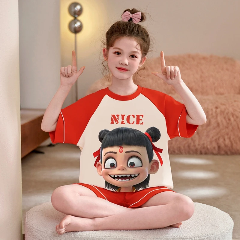 时尚中大童夏天可外穿短袖纯棉女童圆领睡衣两件套