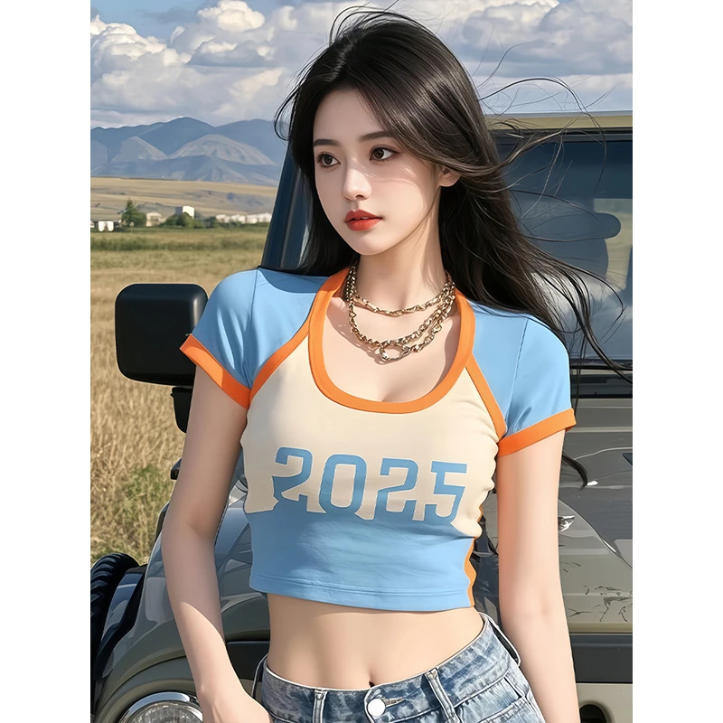 撞色短袖t恤2025新款爆款夏季独特超好看多巴胺高腰露脐短款上衣