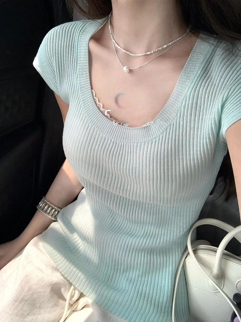 绿色减龄U领针织衫女春夏外穿甜辣短袖t恤掐腰上衣