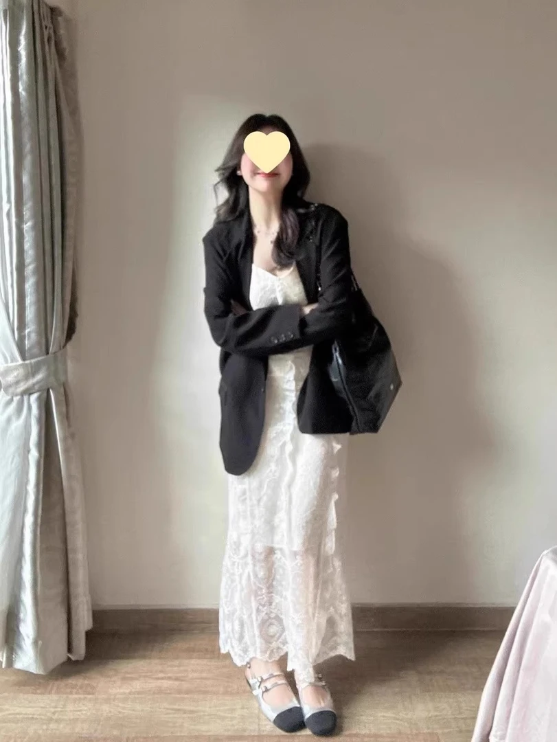 开春搭配一整套装女大码胖mm气质漂亮高级西装外套蕾丝吊带连衣裙