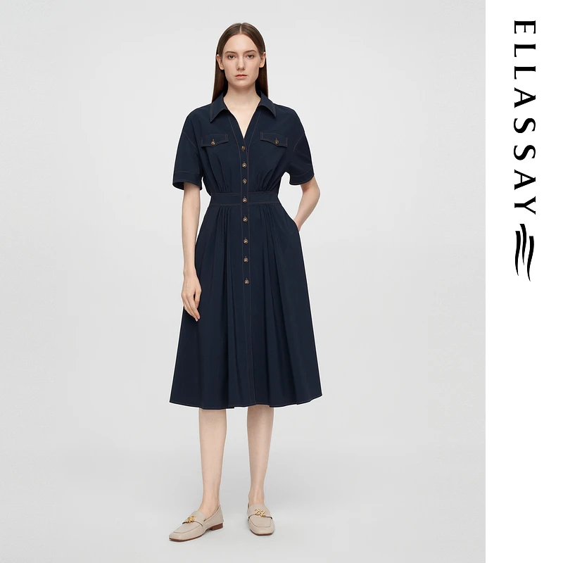 ELLASSAY歌力思2025春夏新款复古丹宁收腰连衣裙女EWE362Y19400