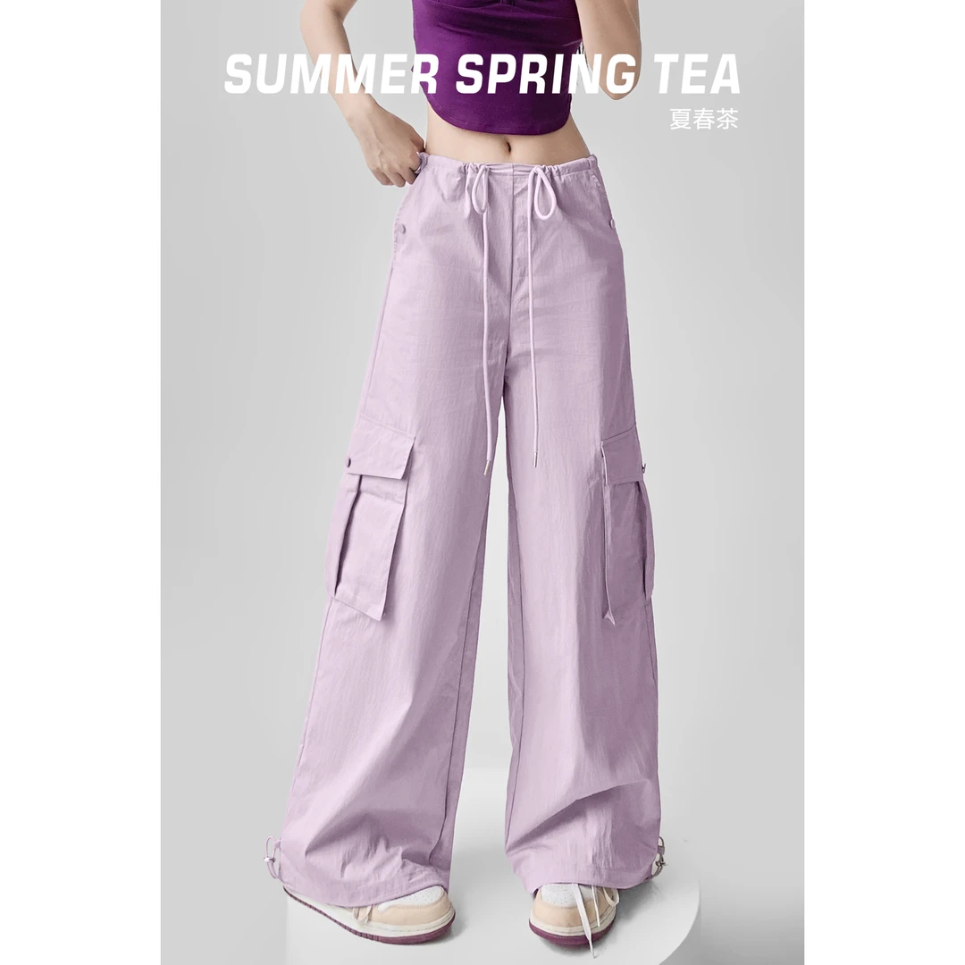 【夏春茶】 美式穿搭！复古抽绳工装裤女宽松薄款直筒运动裤