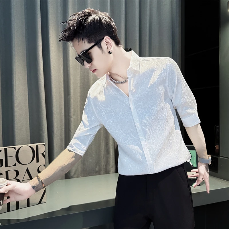 男士短袖衬衫夏季薄款2025新款肌感提花男装英伦痞帅夏天休闲衬衣