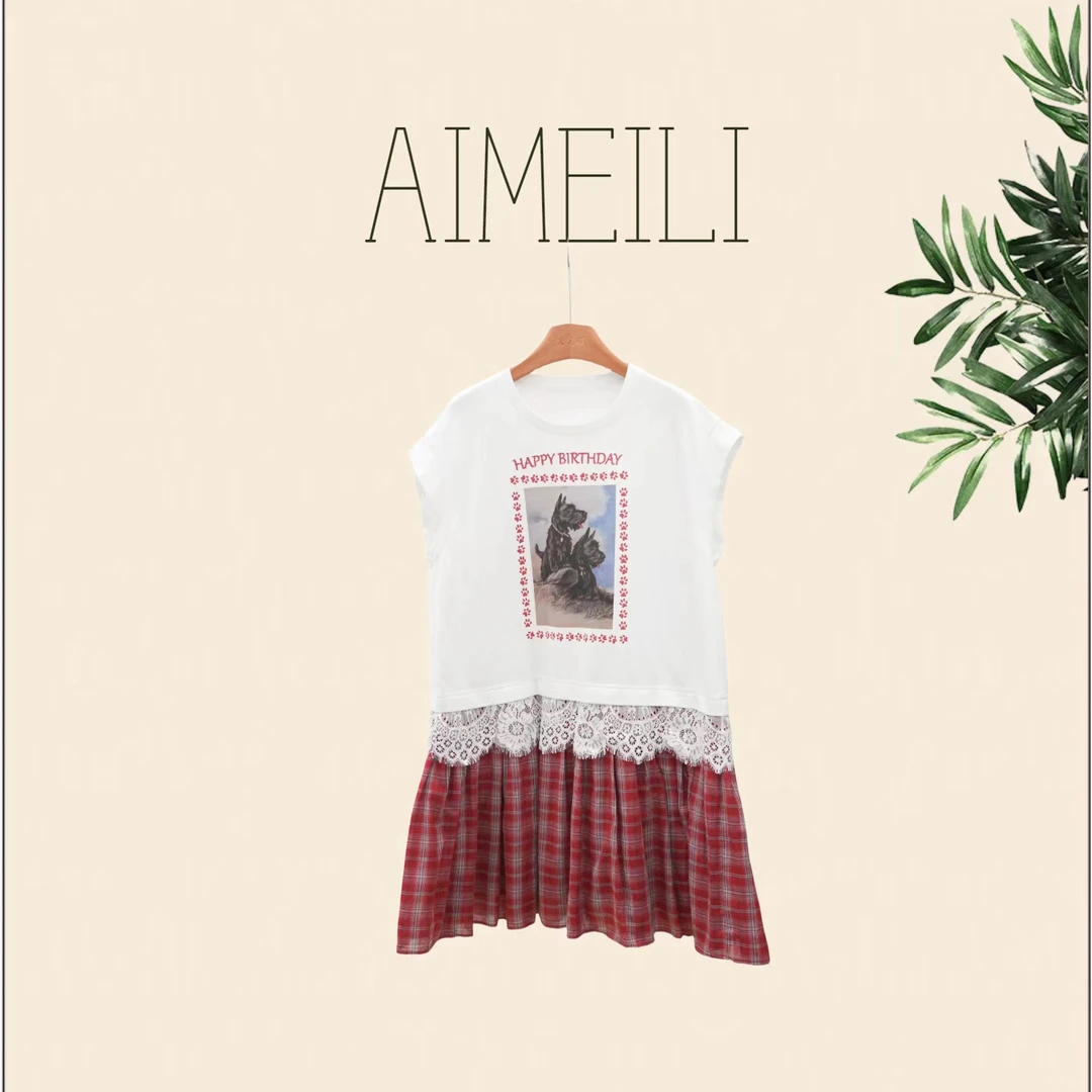 【AIMEILI】夏季新款：夏季欧韩风格印花格子连衣裙