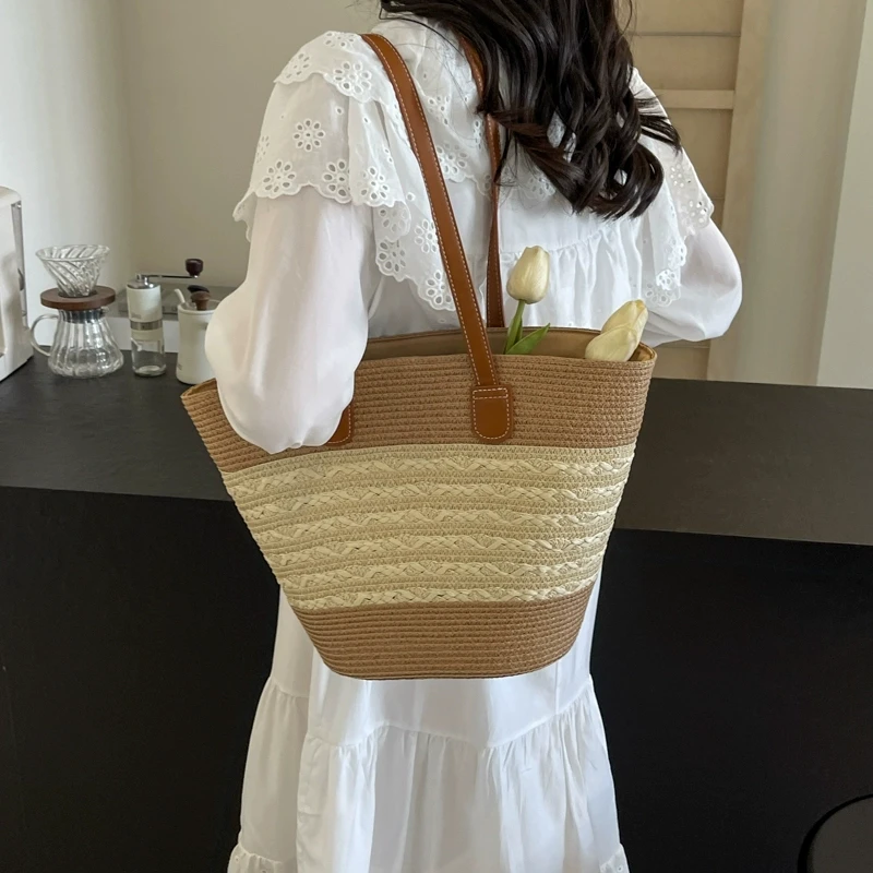 沙滩假日编织托特包包女式2025新款夏天大容量单肩包手工草编包女