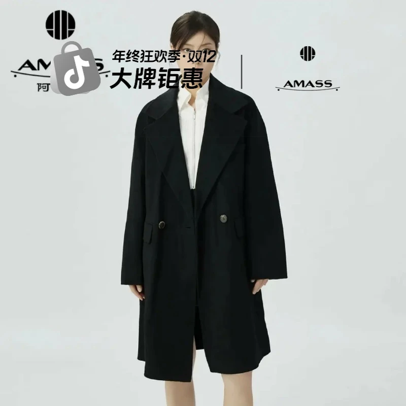 阿玛施5400858热力感时尚气质宽松绵羊毛中长款双面呢大衣5400858