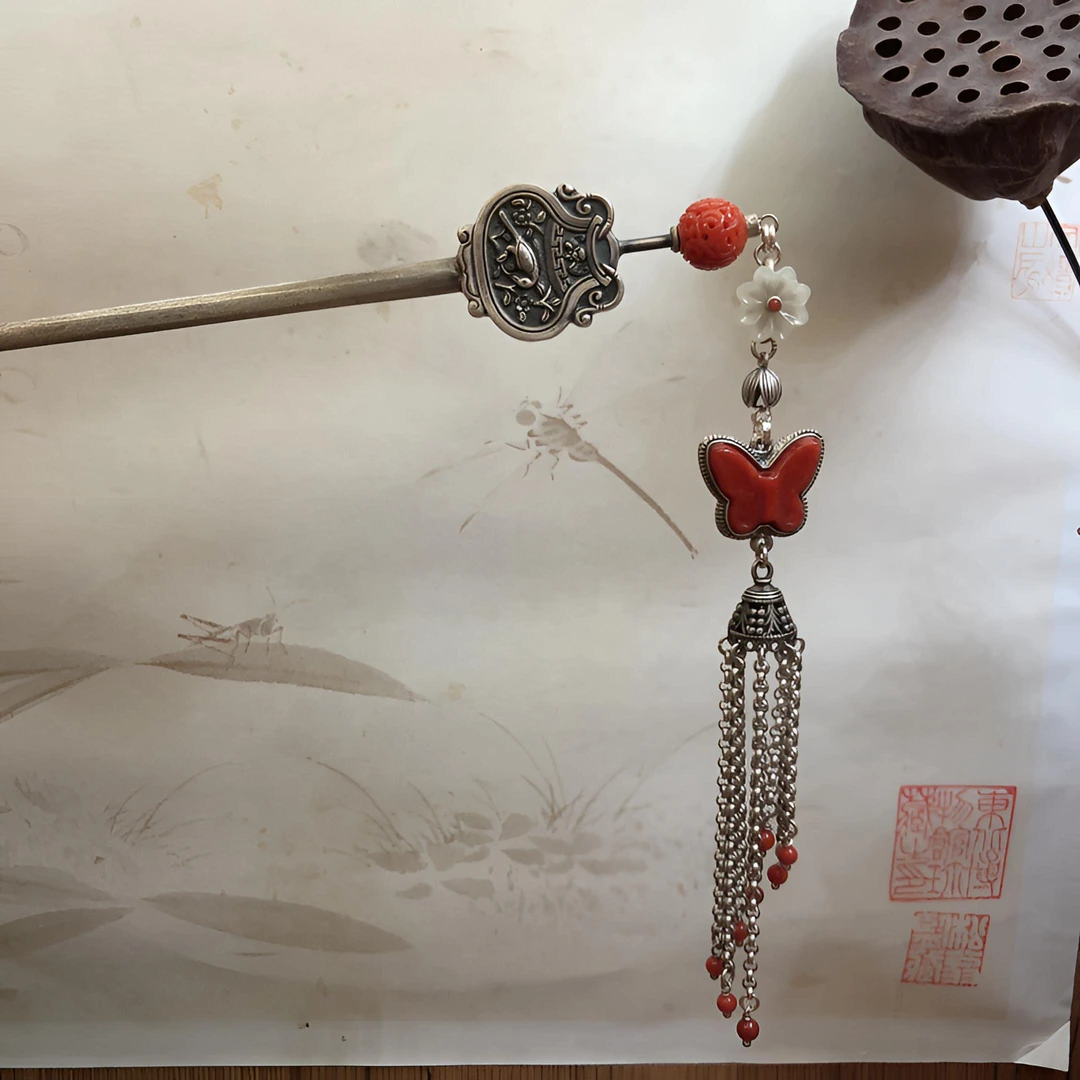 足银银制品 英英手工錾刻银发簪