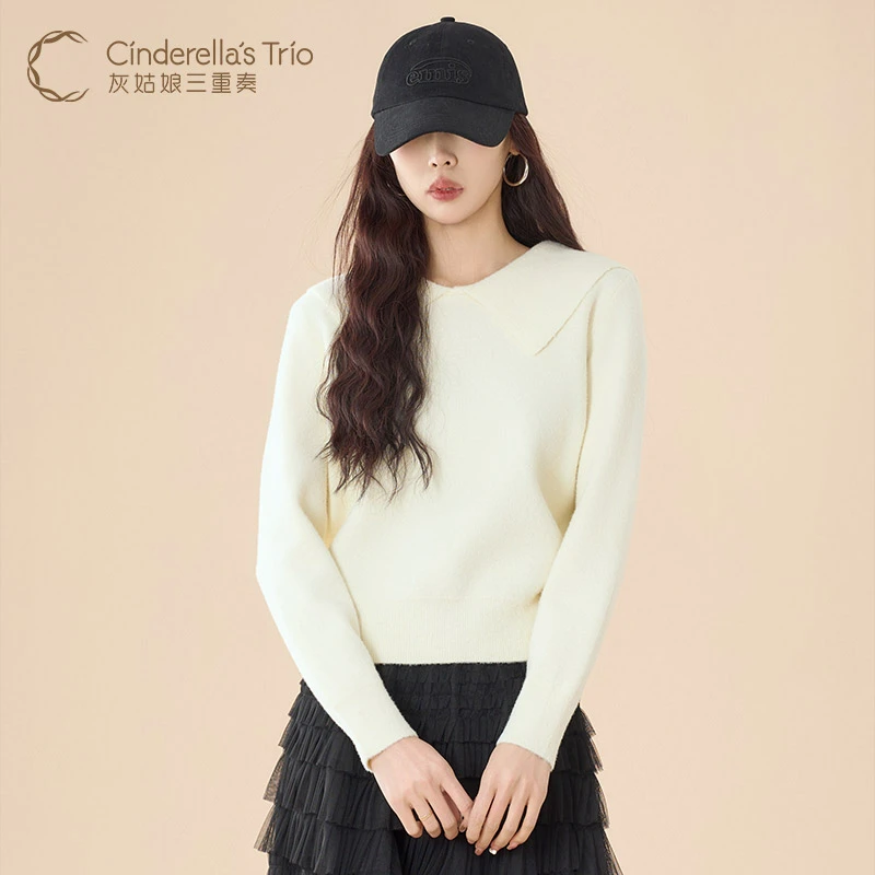 灰姑娘三重奏C·早春新款时尚红 杏娃娃领短款针织毛衣H251118794