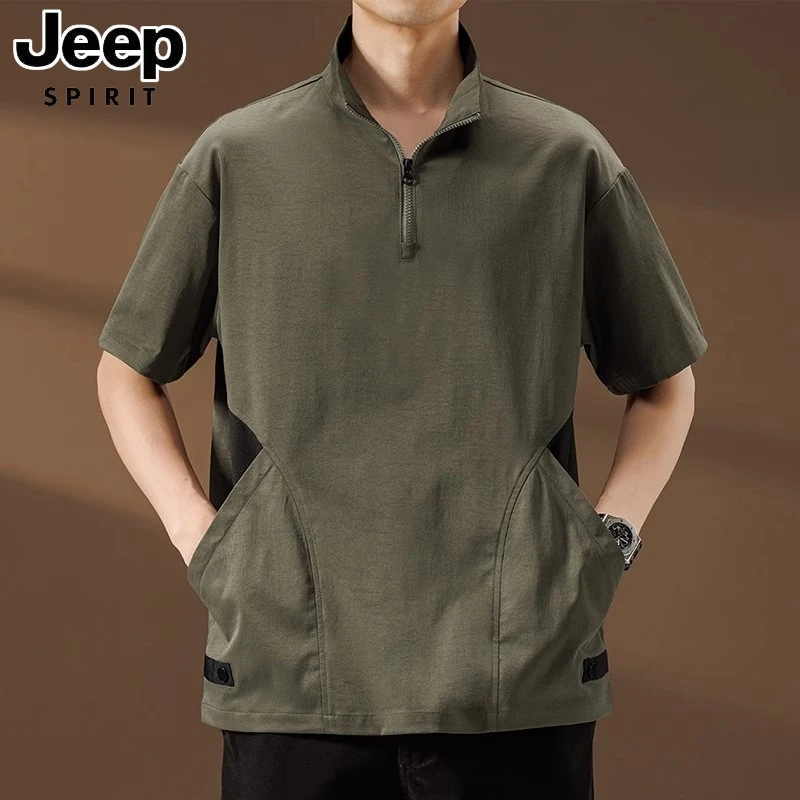 jeep吉普半拉链休闲短袖男夏季潮牌美式衣服宽松潮流重磅半袖t恤