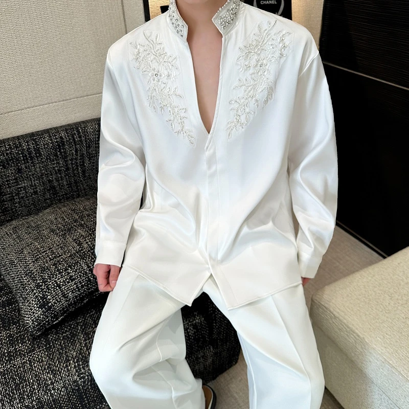 轻奢款小众珍珠立领绣花水钻衬衫男长袖韩版高级锦缎珠花V领衬衣