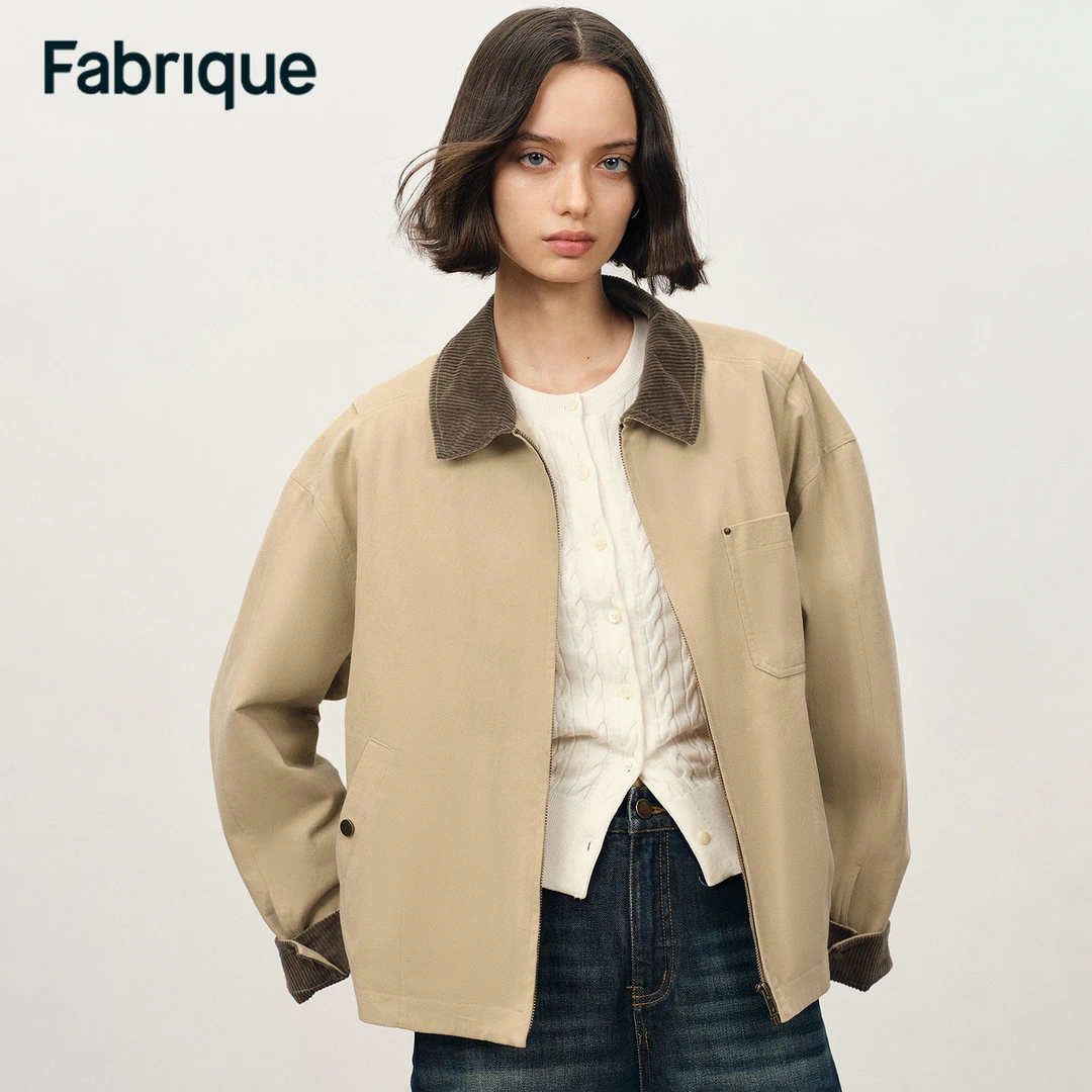 Fabrique June 秋冬新品卡其色纯棉翻领工装夹克休闲百搭棉服外套