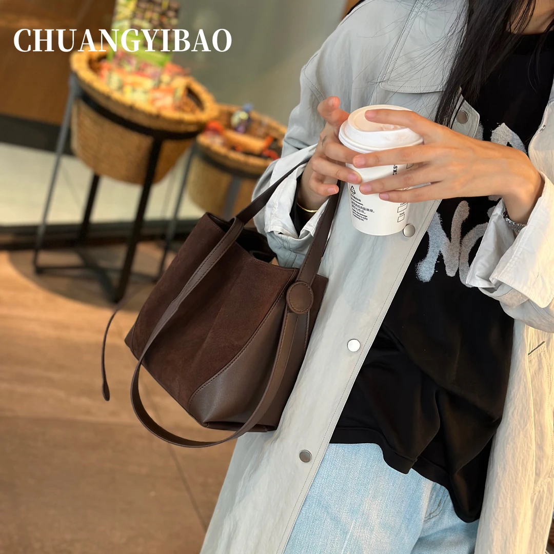 水桶托特包女2025新款秋冬复古磨砂皮单肩腋下包高级感手提斜挎包