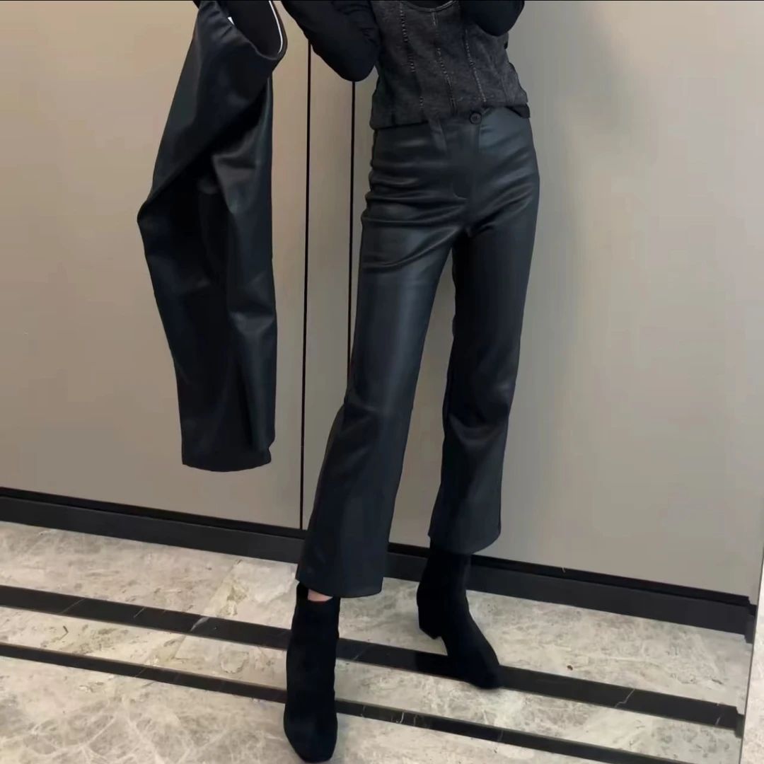 冬季新款加绒皮裤女高腰显瘦百搭蛋白皮九分裤直筒裤仿皮裤休闲潮