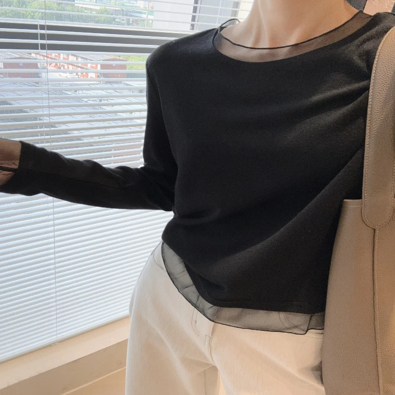 蕾丝拼接长袖t恤打底衫秋季新款内搭显瘦修身百搭配大衣女装上衣