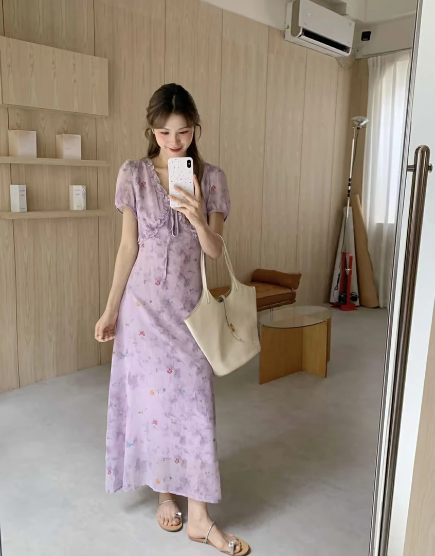 仙女超仙晕染碎花连衣裙夏季2025年新款气质绝美木耳边法式茶歇裙