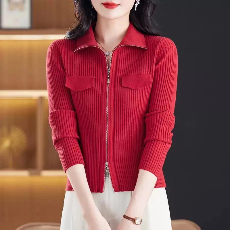 美美推荐134口袋盖拉链立领针织开衫