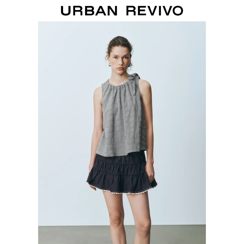 UR2025秋季新款女装蝴蝶结系带格纹无袖罩衫衬衫UYU250069