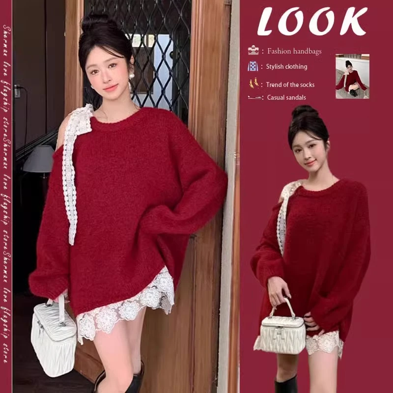 韩系穿搭韩系蕾丝蝴蝶结系带针织衫毛衣秋冬新款宽松温柔毛衣女潮