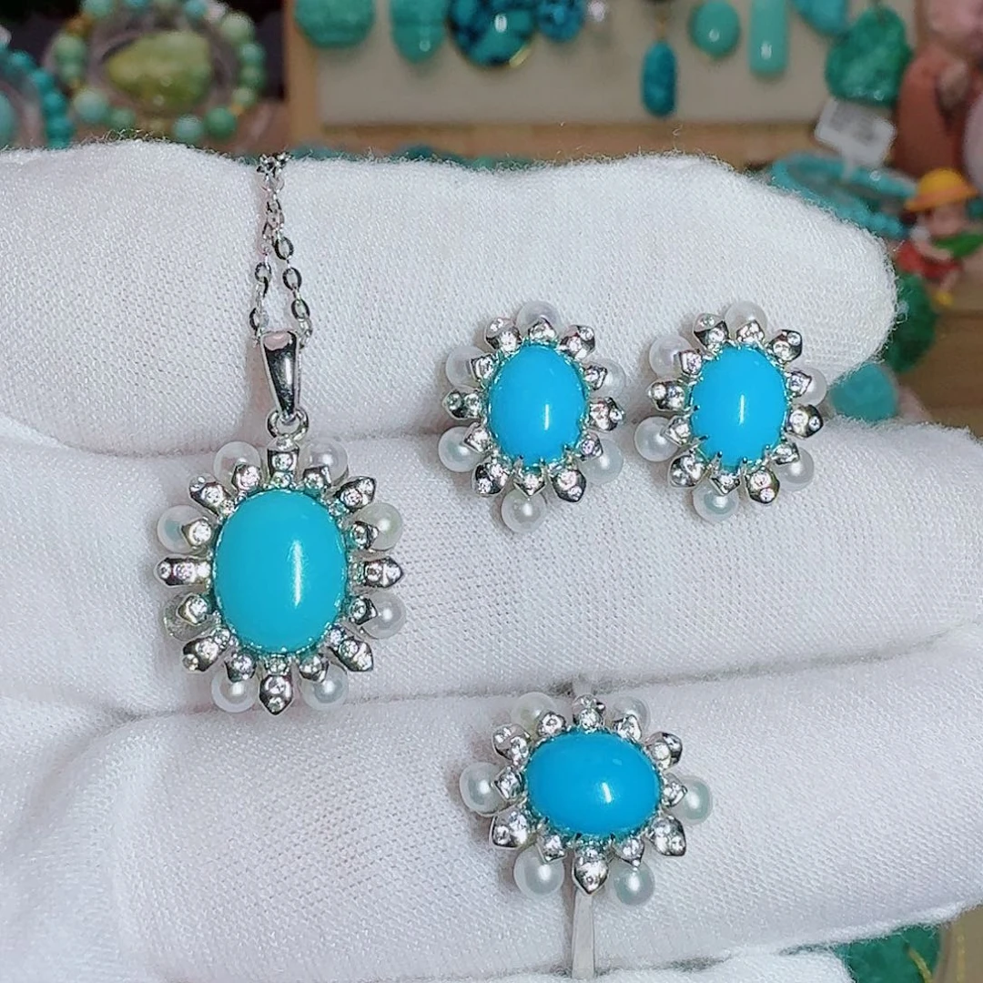 银S925镶嵌绿松石珠宝奇石精致套装