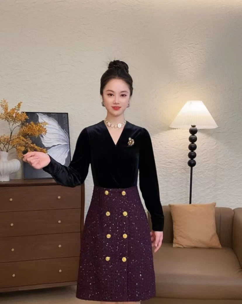 轻奢定制丝绒拼小香风减龄气质时尚千金优雅百搭连衣裙