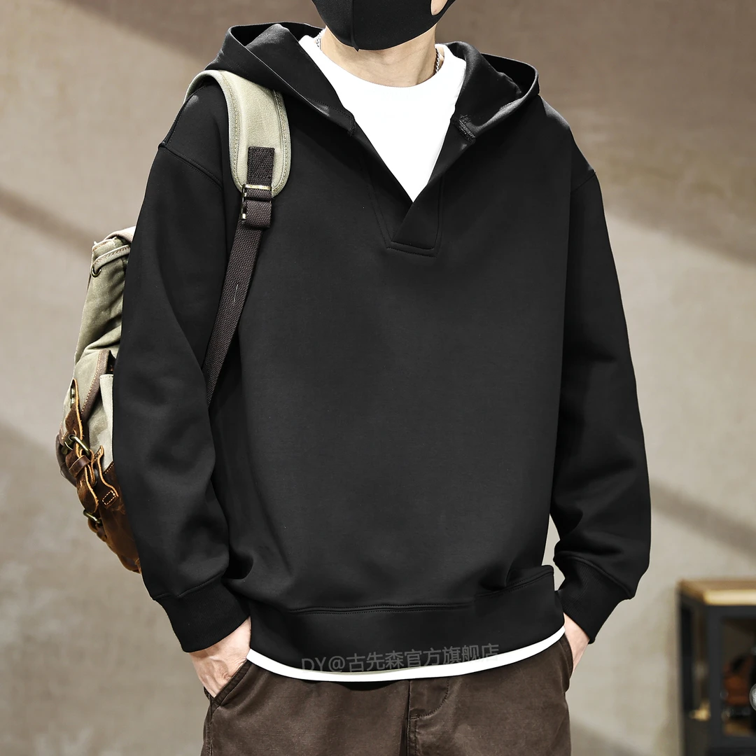 美式高端复古重磅380g空气层假两件连帽卫衣男秋季新款宽松外套潮