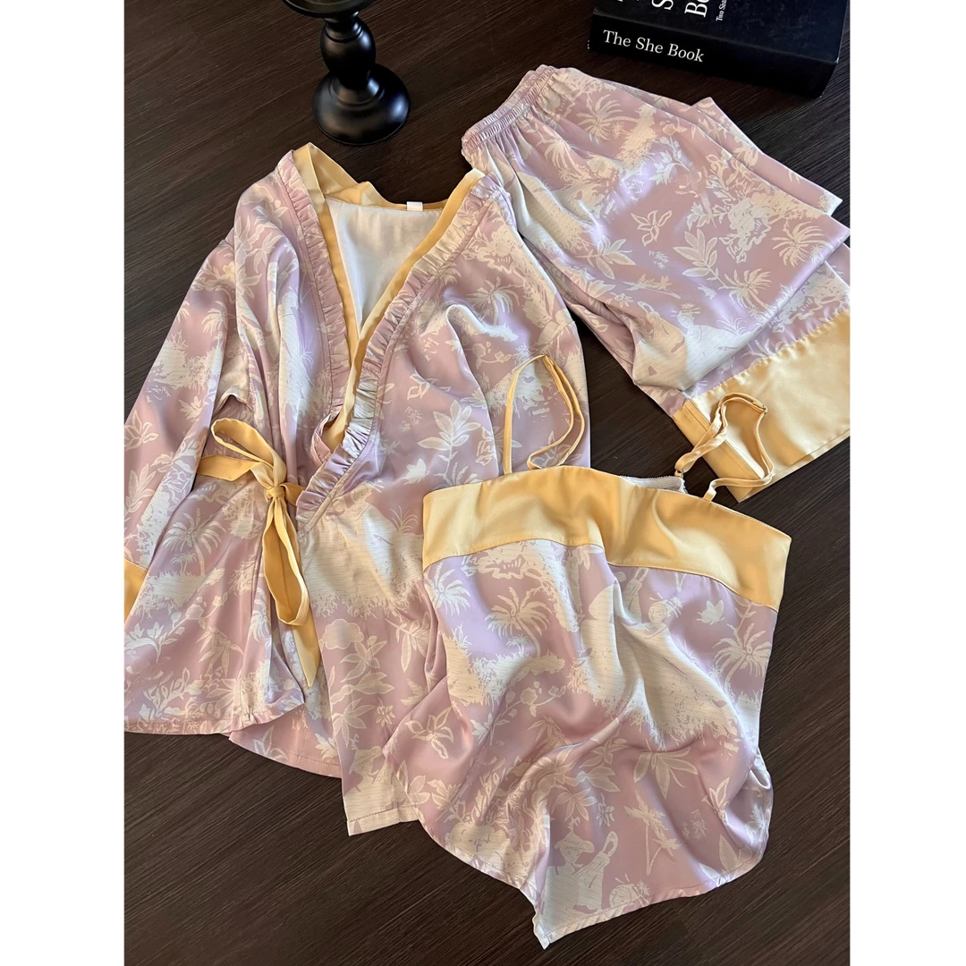 国风提花紫色冰丝带胸垫睡衣女春秋新款吊带开衫长裤居家三件套装