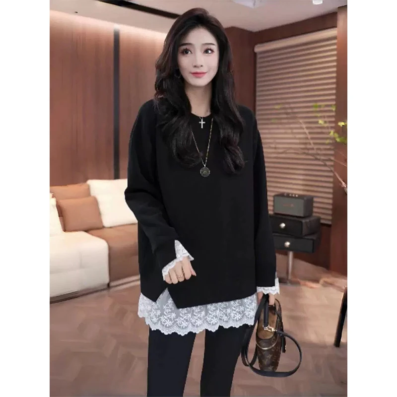 假两件下摆蕾丝拼接中长款打底上衣女冬季遮屁股洋气内搭加厚卫衣