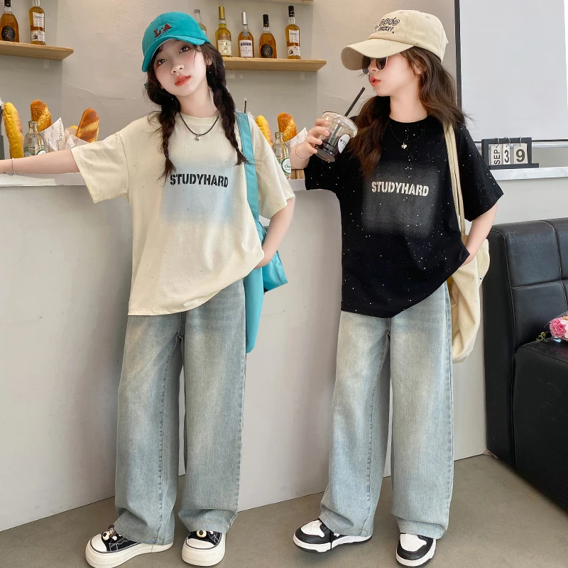 女童夏季套装2025新款洋气时髦女大童休闲短袖儿童薄款牛仔裤夏装