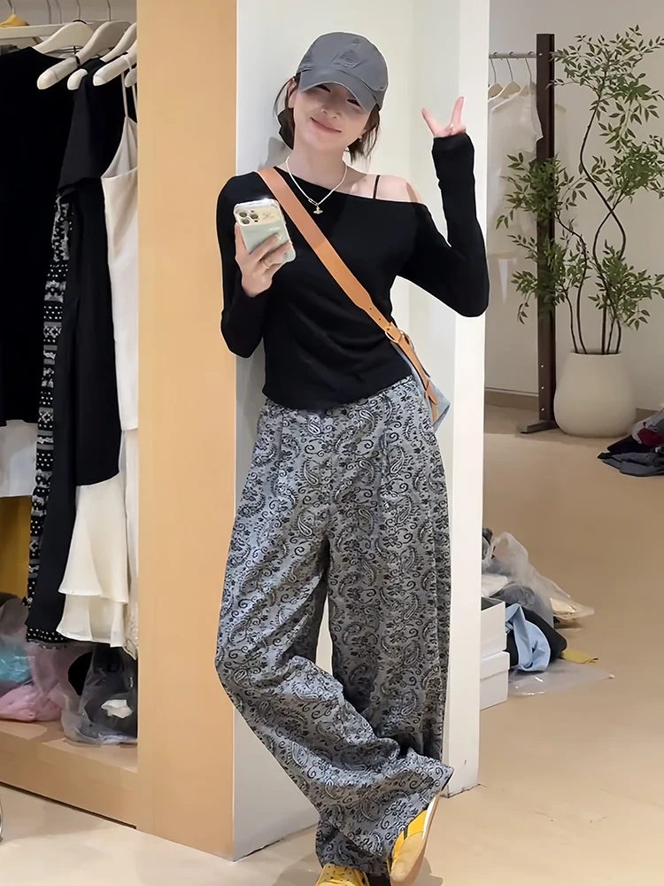 套装女2025新款韩系气质时尚露肩长袖T恤碎花休闲阔腿裤两件套夏