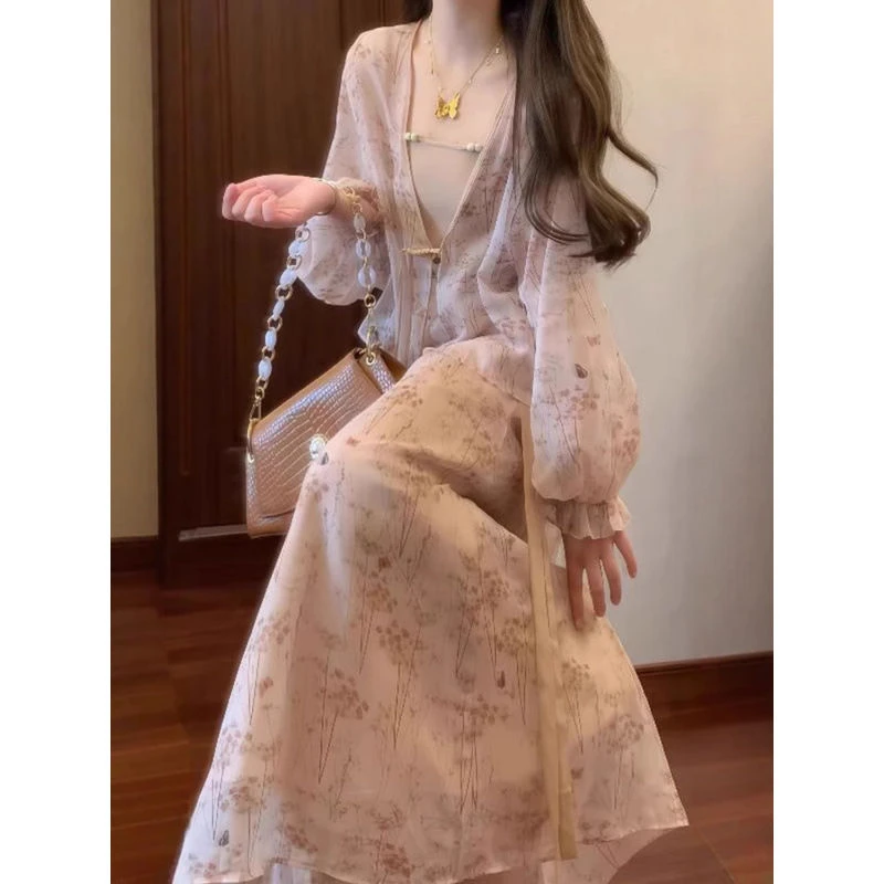 新中式国风套装女大码胖mm盘扣开衫背心碎花半身裙气质旗袍@