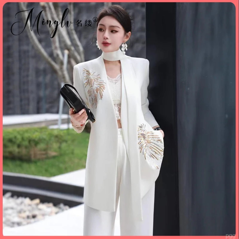 2025冬季新品干练重工钉珠高级感长袖西装外套设计感直筒长裤套装