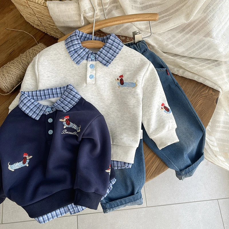 男童春秋新款休闲套装0-1-2-3-4岁儿童洋气拼接卫衣宝宝牛仔裤浩