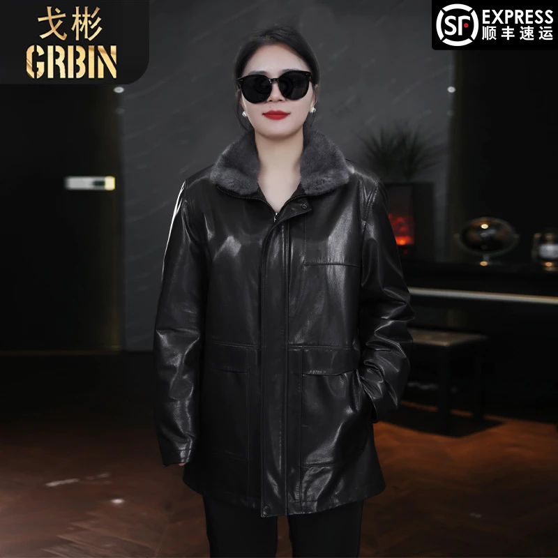 戈彬时尚冬季保暖山羊皮中长款外套貂毛内胆切刀工艺男士轻奢翻领