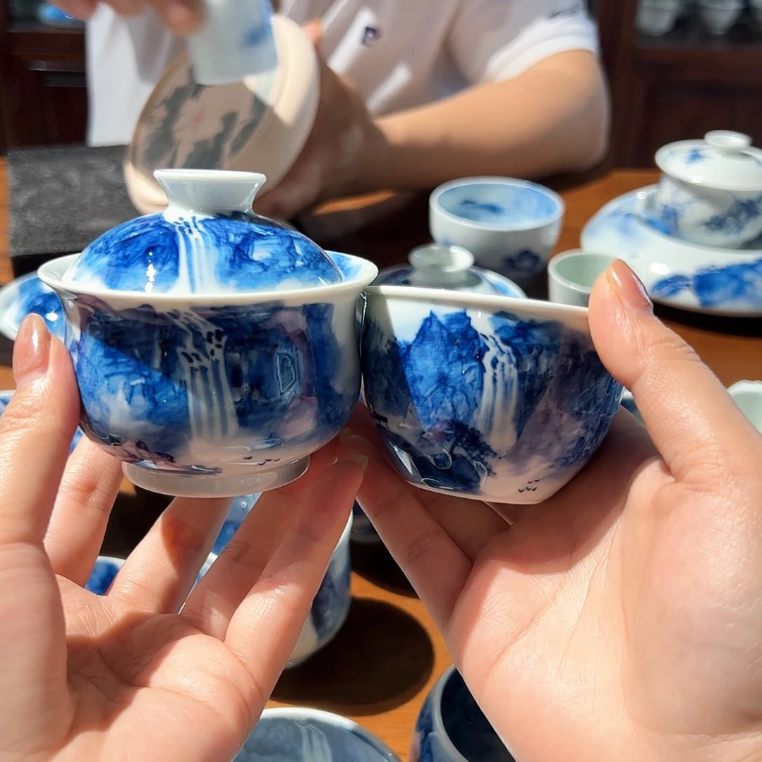 杯笨*青花手绘山水主人杯