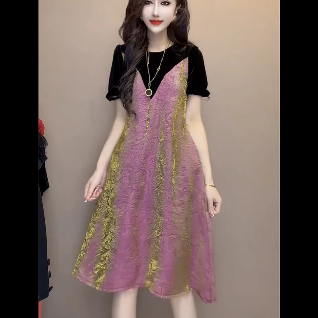 夏季半袖拼接丝绒收腰显瘦中长款气质连衣裙